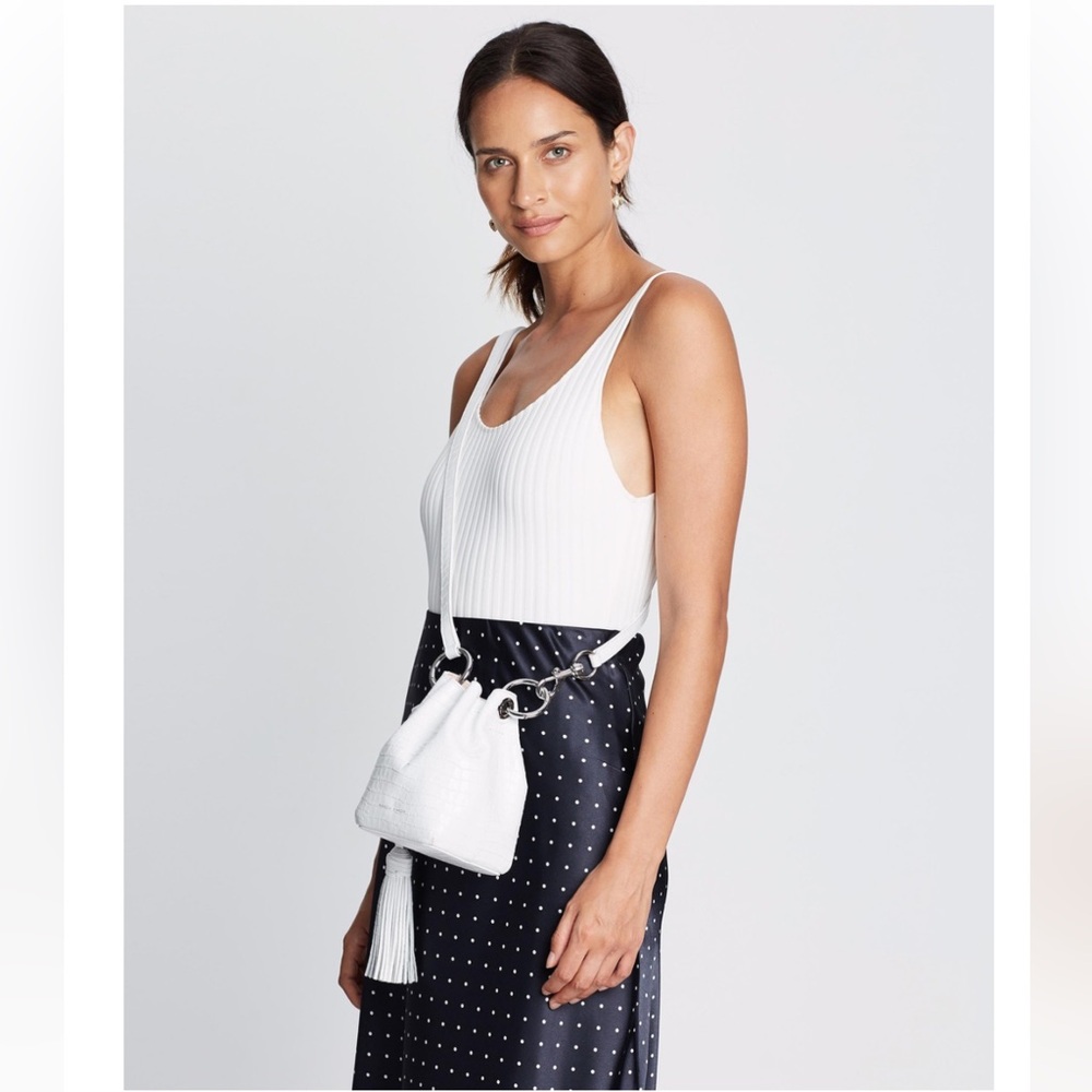 NWOT REBECCA MINKOFF MINI KATE BUCKET TOTE White Croc Tassel Crossbody Bag